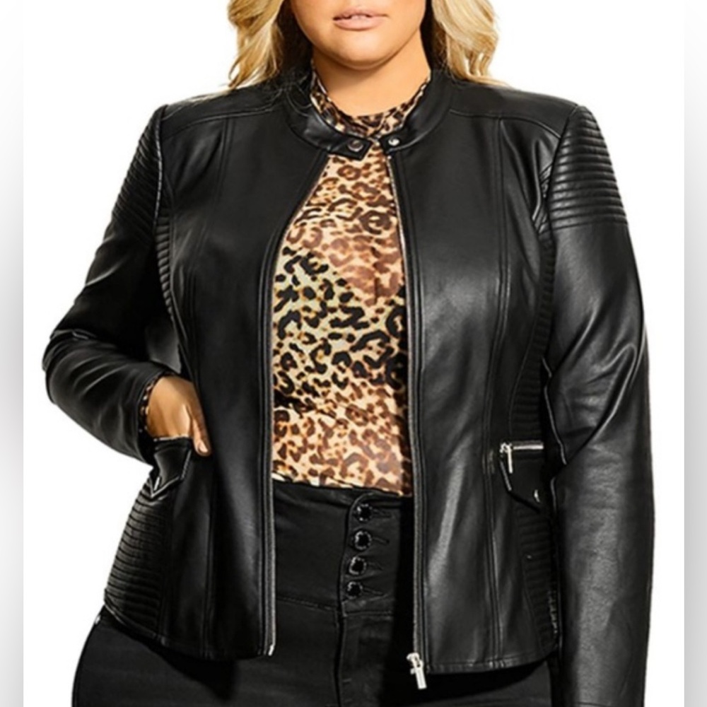 NWT [City Chic] Biker Moto Black w/ Gold Zip-Up Leather Jacket Coat Women’s 12 - Picture 2 of 15